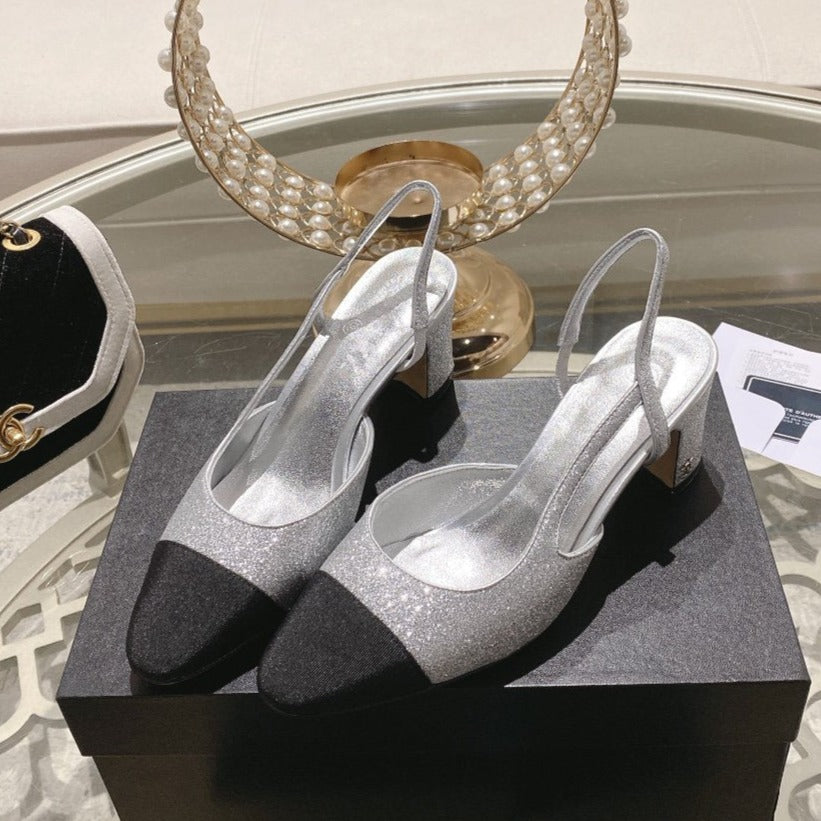 CHANEL slingback 6.5 glitter silver black grosgrain