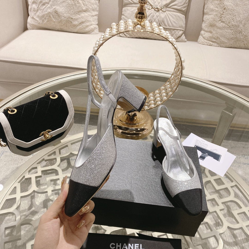 CHANEL slingback 6.5 glitter silver black grosgrain