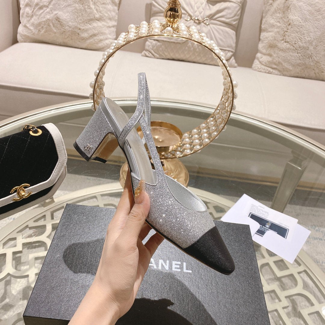 CHANEL slingback 6.5 glitter silver black grosgrain