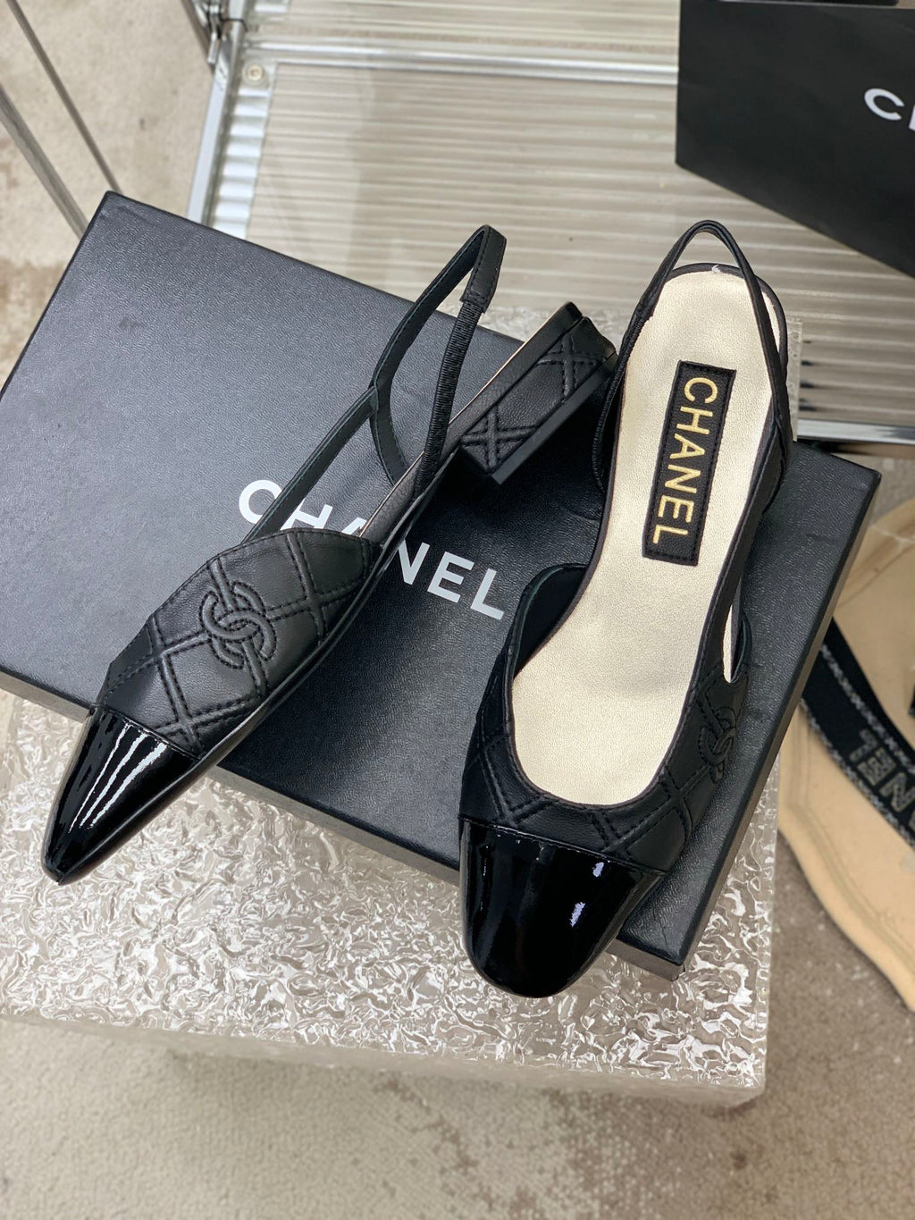CHANEL SLINGBACKS 20 BLACK CALFSKIN