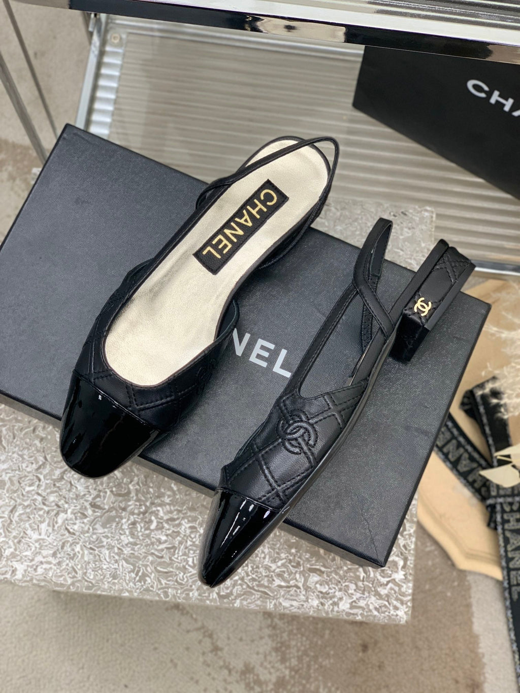 CHANEL SLINGBACKS 20 BLACK CALFSKIN