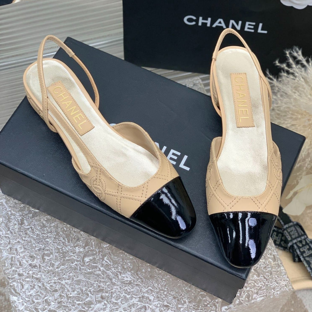 CHANEL SLINGBACKS 20 BEIGE CREAM MIX BLACK CALFSKIN