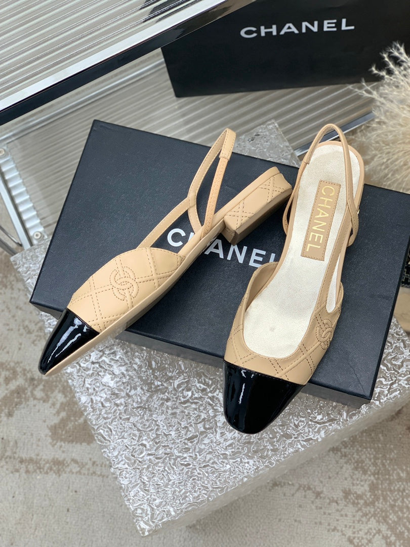 CHANEL SLINGBACKS 20 BEIGE CREAM MIX BLACK CALFSKIN