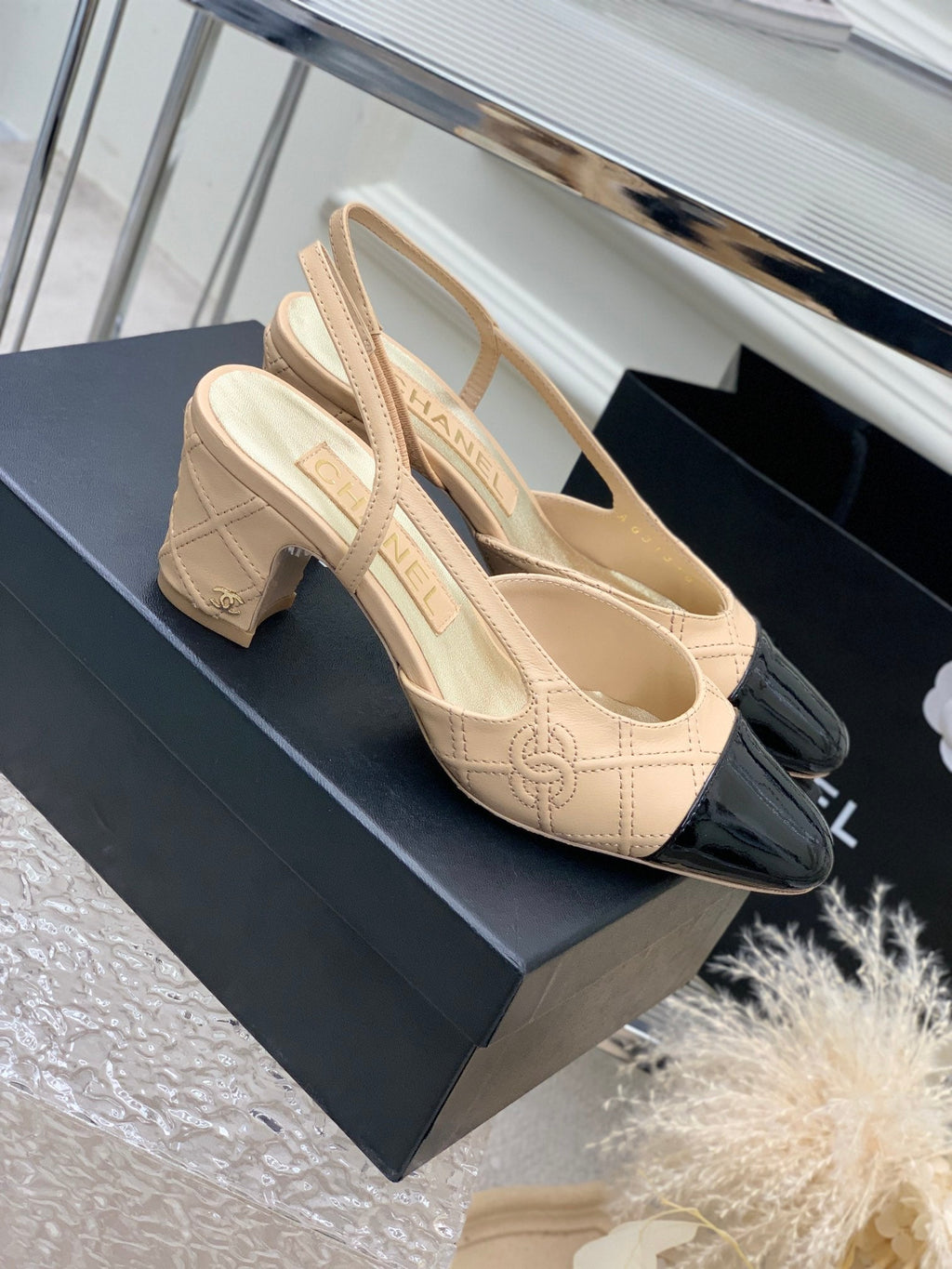 CHANEL HIGH SLINGBACKS 65 BEIGE CREAM MIX BLACK CALFSKIN