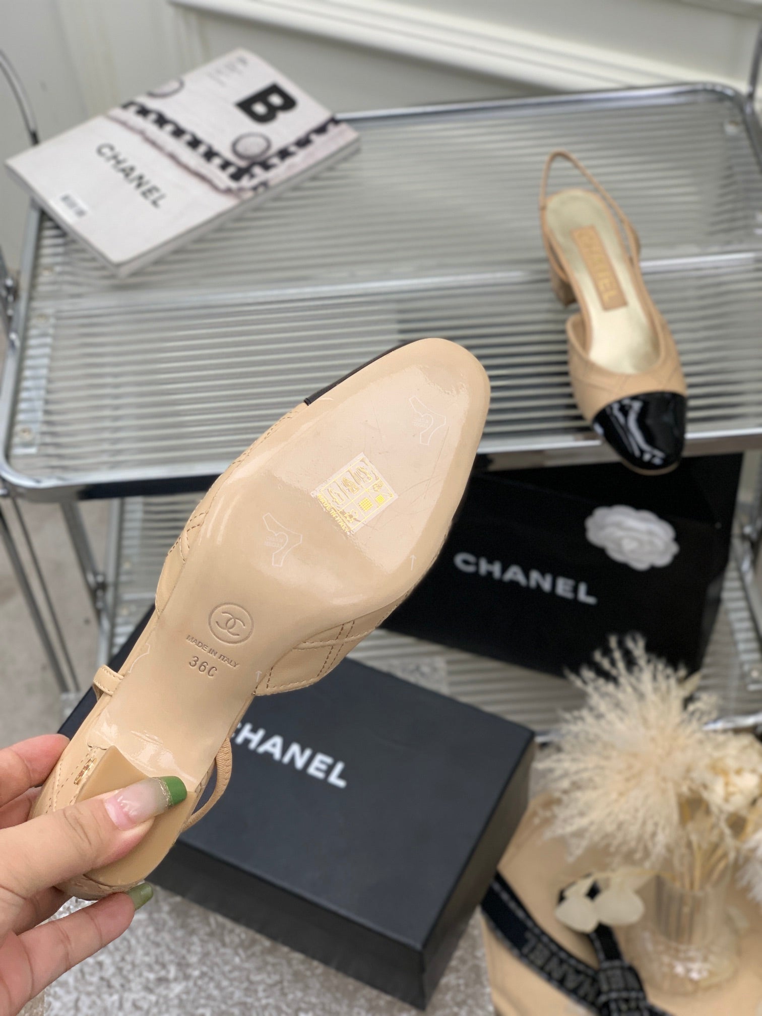 CHANEL HIGH SLINGBACKS 65 BEIGE CREAM MIX BLACK CALFSKIN
