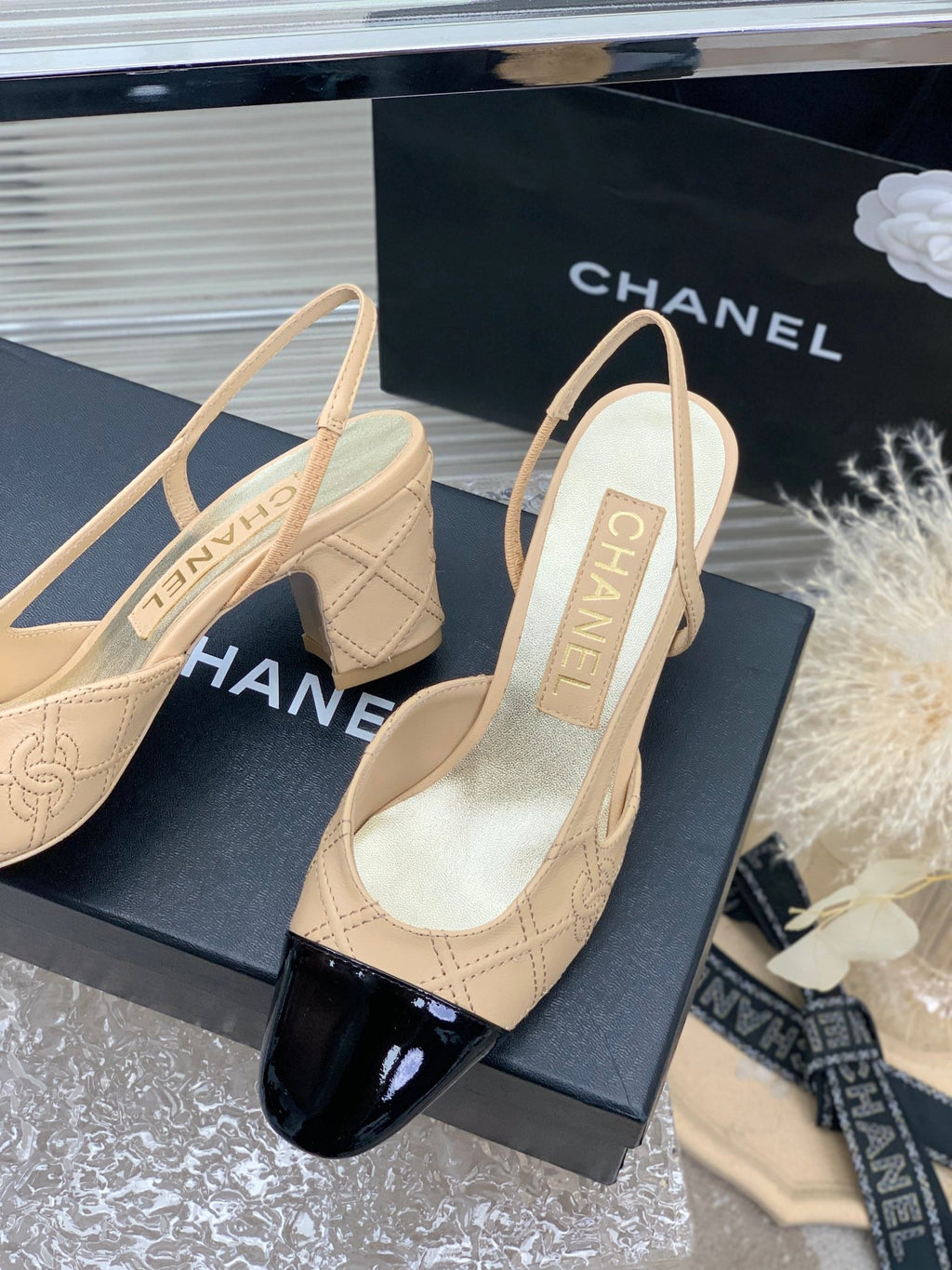 CHANEL HIGH SLINGBACKS 65 BEIGE CREAM MIX BLACK CALFSKIN