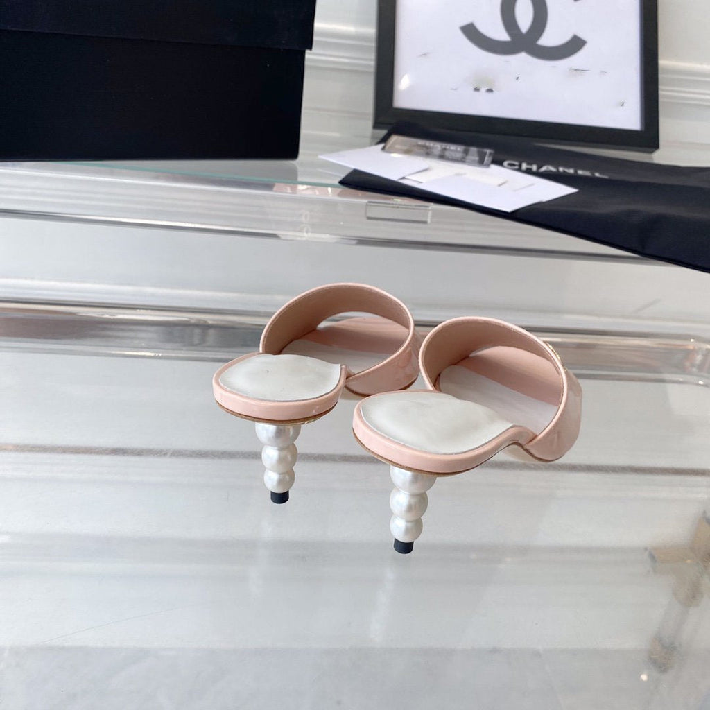CHANEL high heel 70 mule sandals pink white patent calfskin