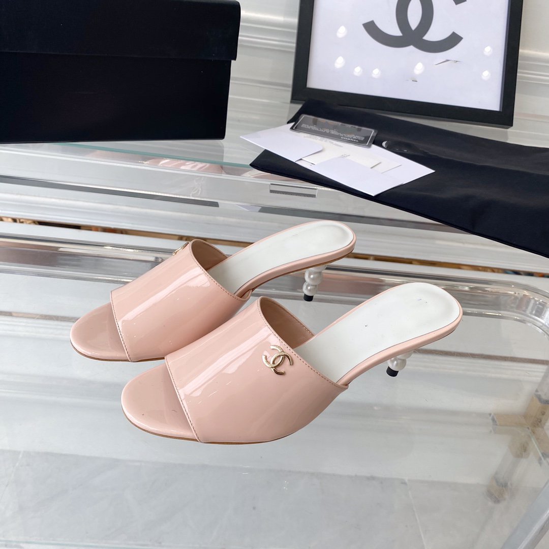 CHANEL high heel 70 mule sandals pink white patent calfskin