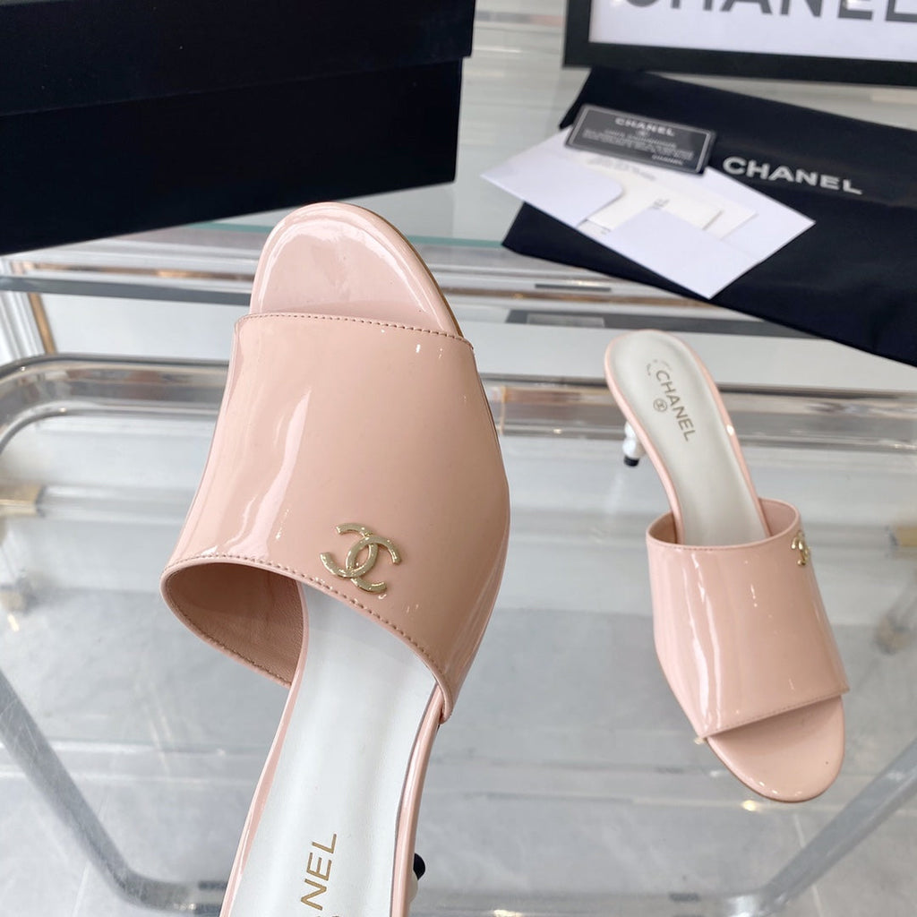 CHANEL high heel 70 mule sandals pink white patent calfskin