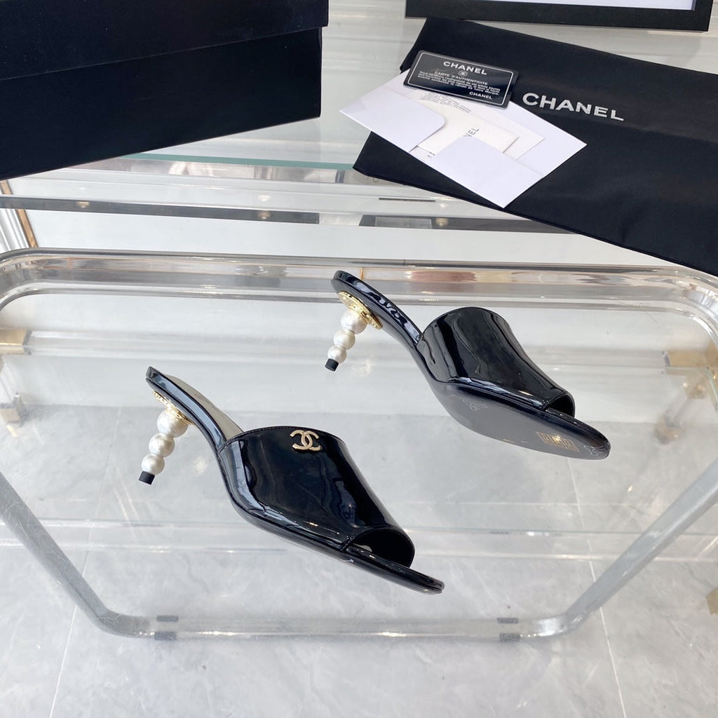 CHANEL high heel 70 mule sandals black white patent calfskin