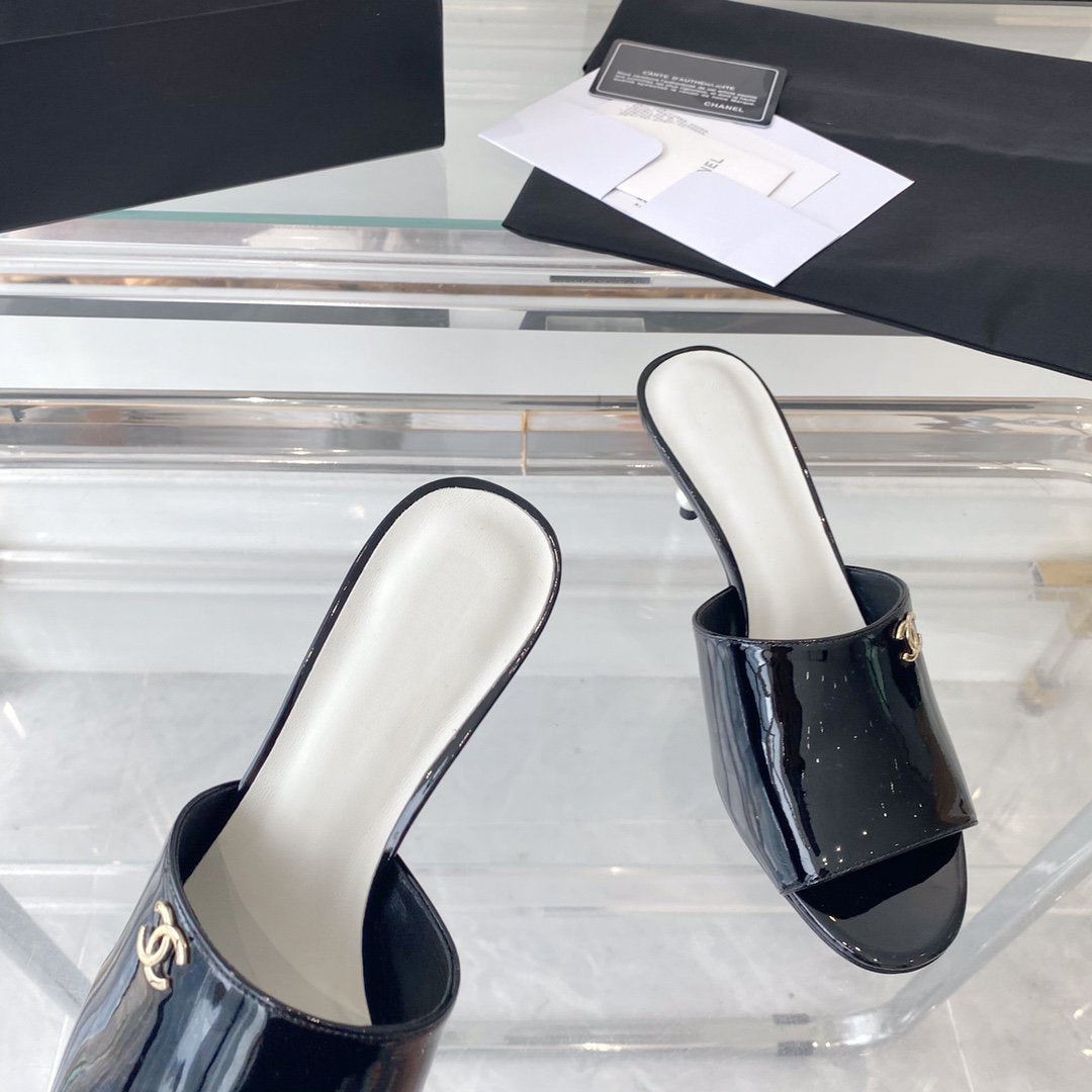 CHANEL high heel 70 mule sandals black white patent calfskin