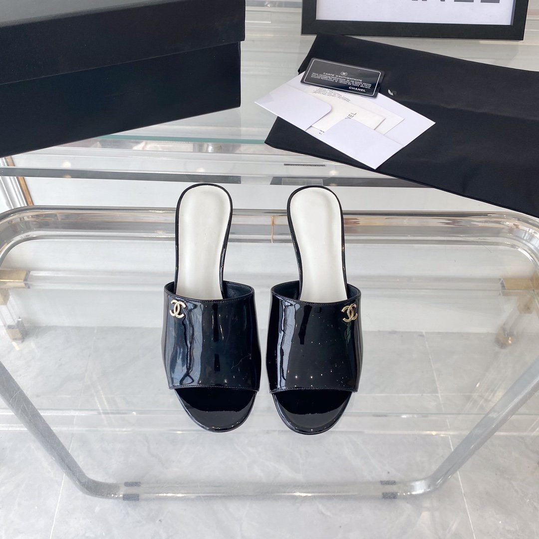 CHANEL high heel 70 mule sandals black white patent calfskin