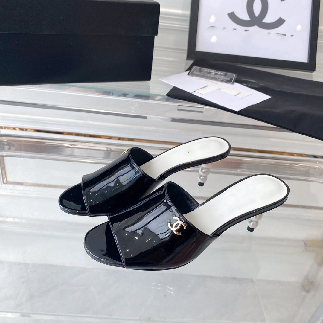 CHANEL high heel 70 mule sandals black white patent calfskin