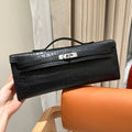 HERMES KELLY CUT 31 IN BLACK SHINY ALLIGATOR LEATHER WITH SILVER HARDWARE