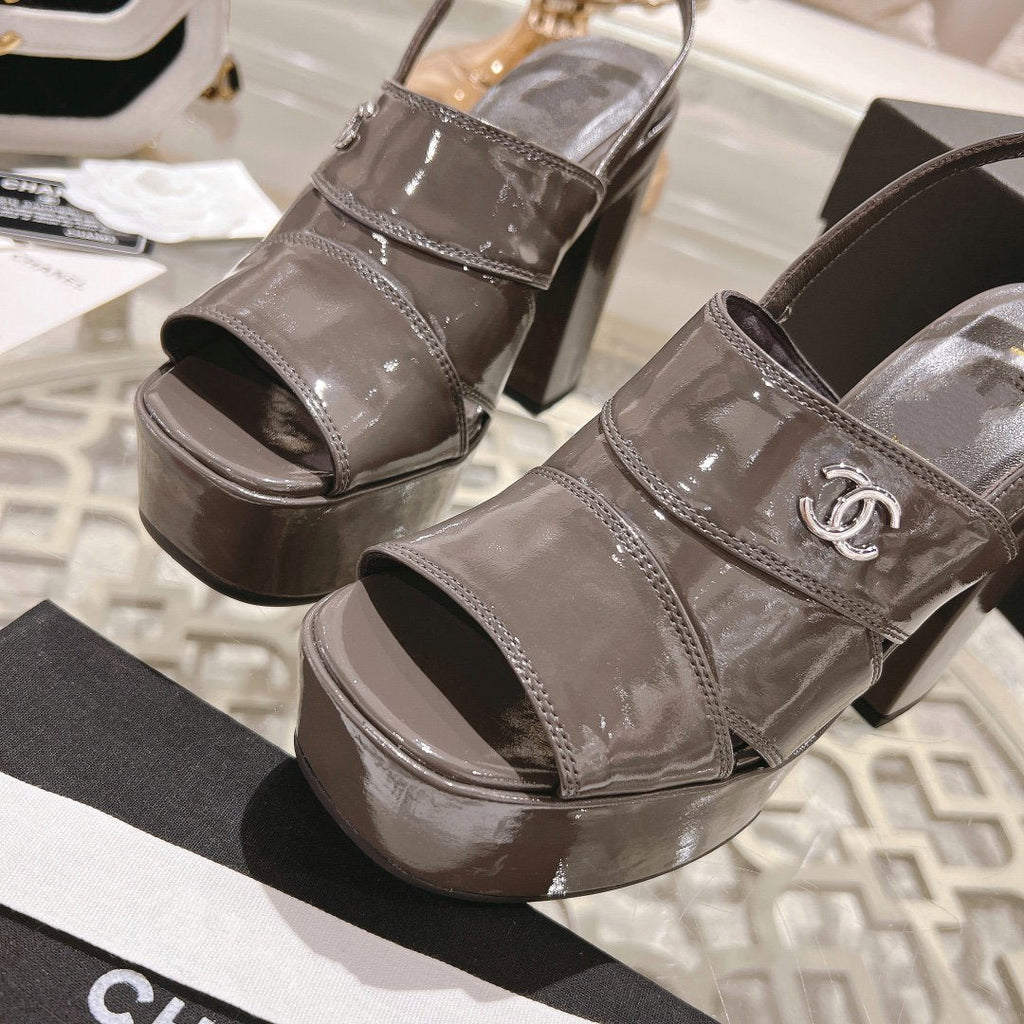 CHANEL sandals chocolate patent crumpled lambskin
