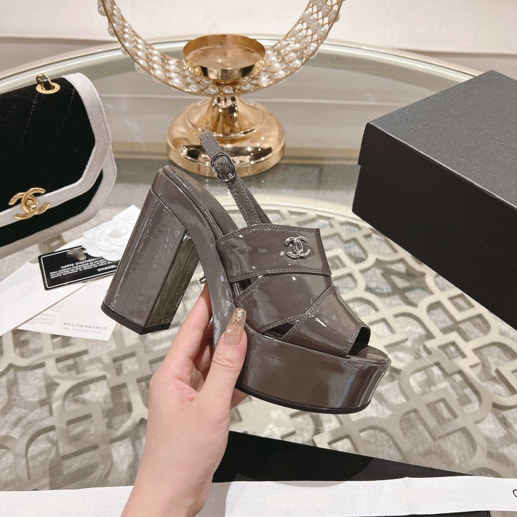 CHANEL sandals chocolate patent crumpled lambskin