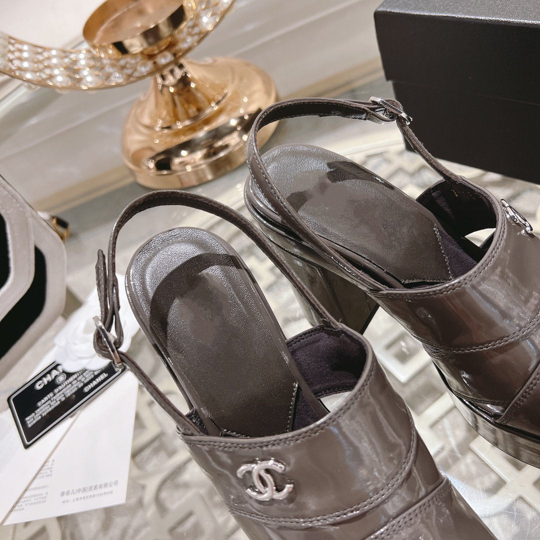 CHANEL sandals chocolate patent crumpled lambskin