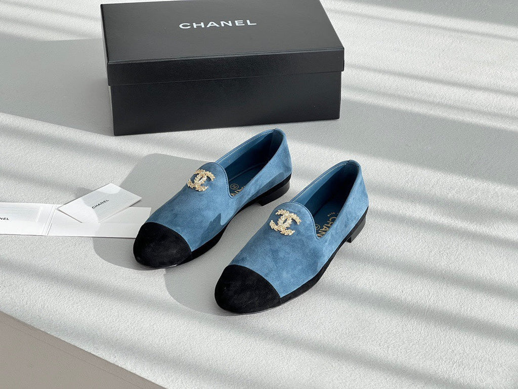CHANEL LOAFERS IN CERULEAN BLUE MIX BLACK SUEDE