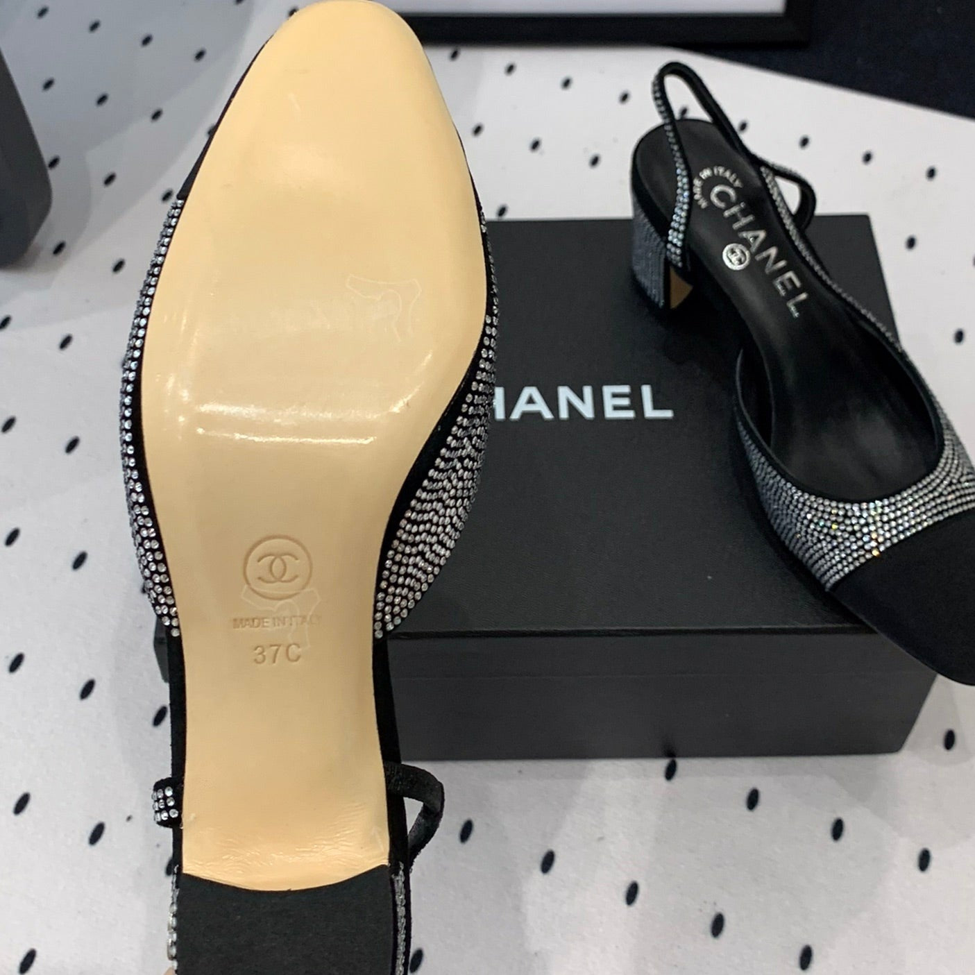 CHANEL Double  Rhinestone Slingback Sheepskin Silver Black