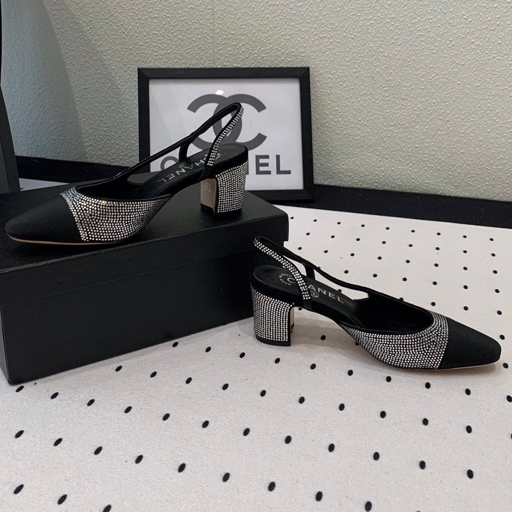 CHANEL Double  Rhinestone Slingback Sheepskin Silver Black