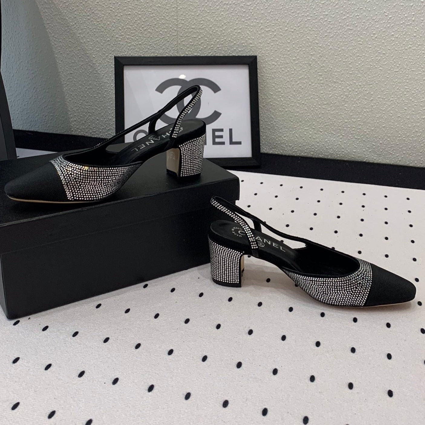 CHANEL Double  Rhinestone Slingback Sheepskin Silver Black