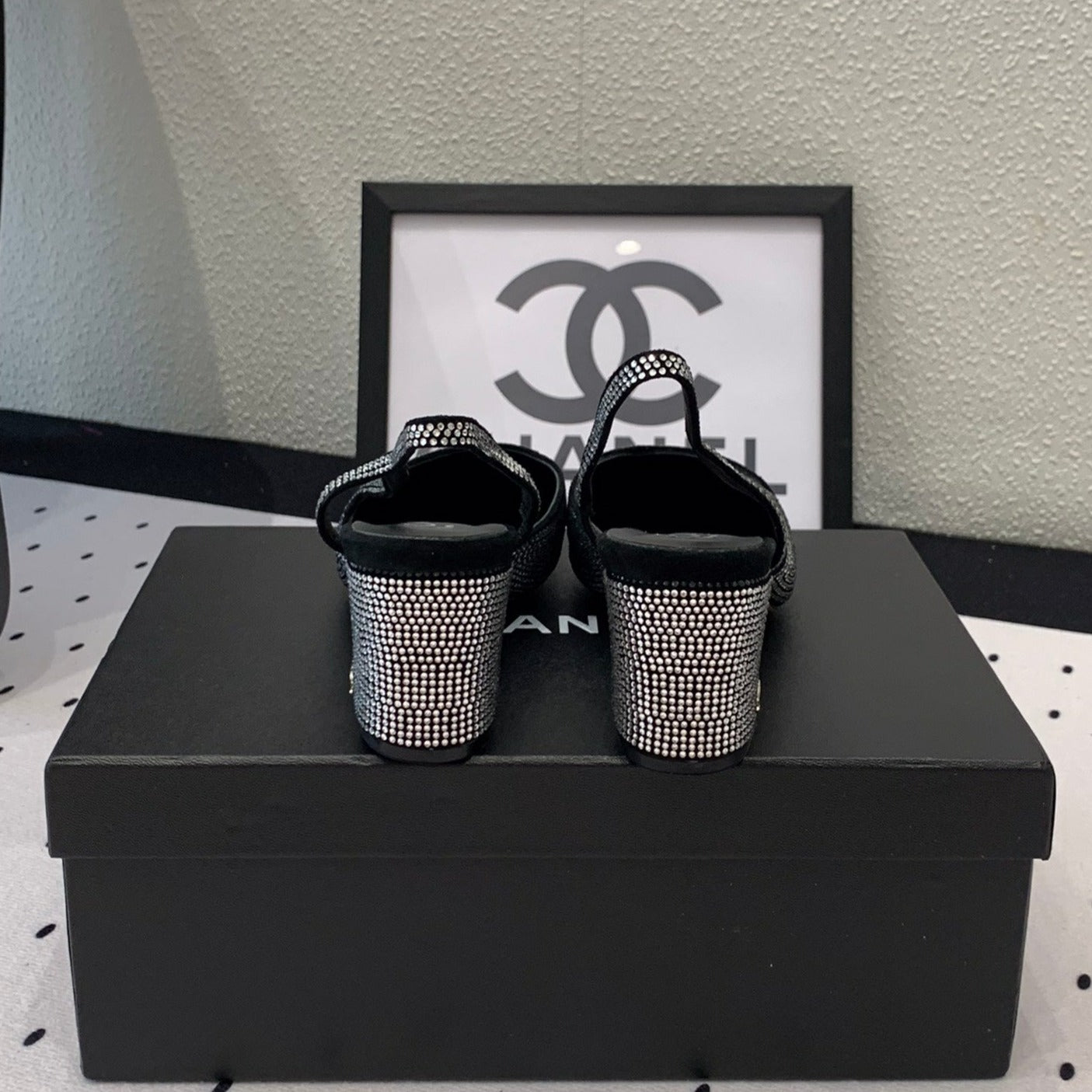 CHANEL Double  Rhinestone Slingback Sheepskin Silver Black
