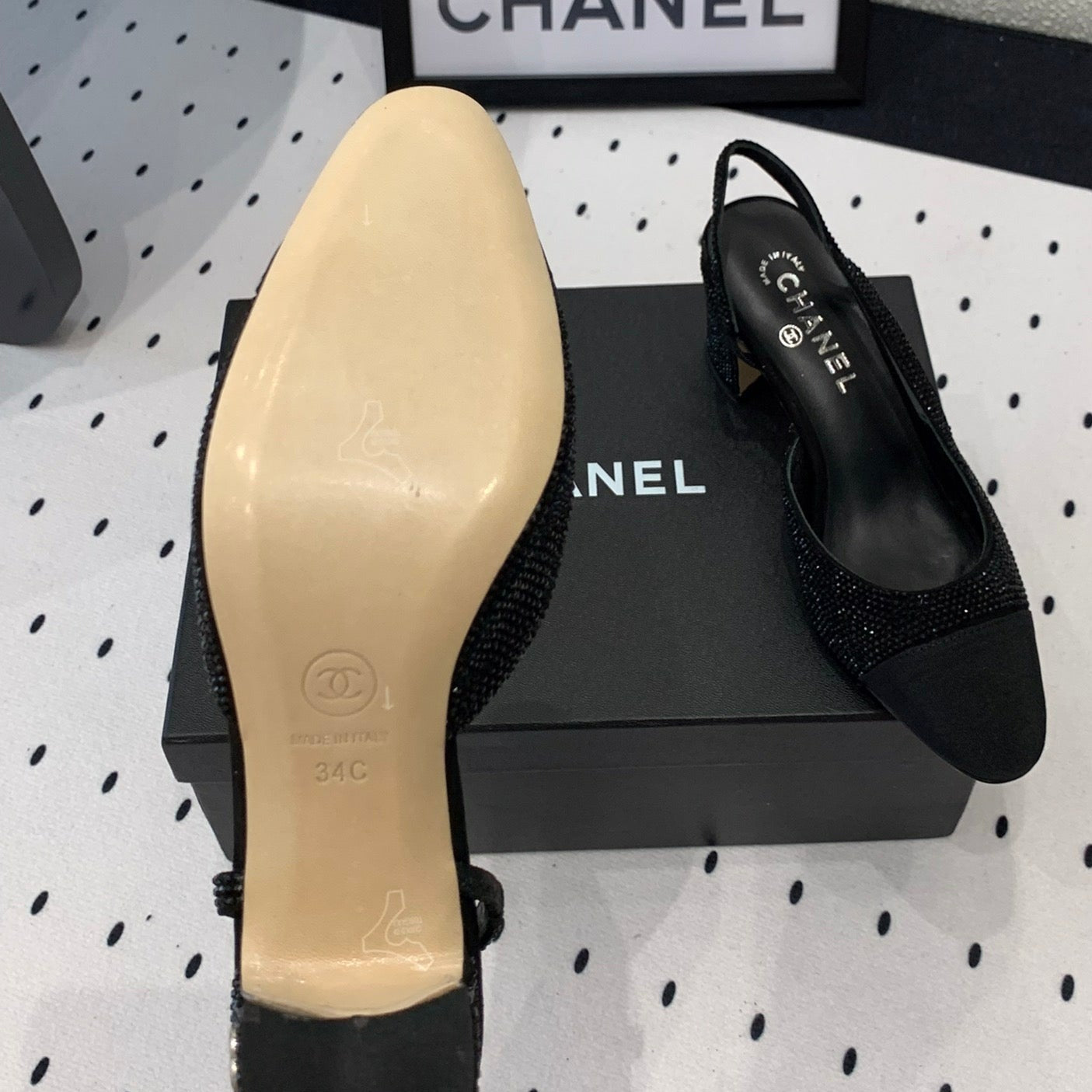 CHANEL Double  Rhinestone Slingback Sheepskin Black