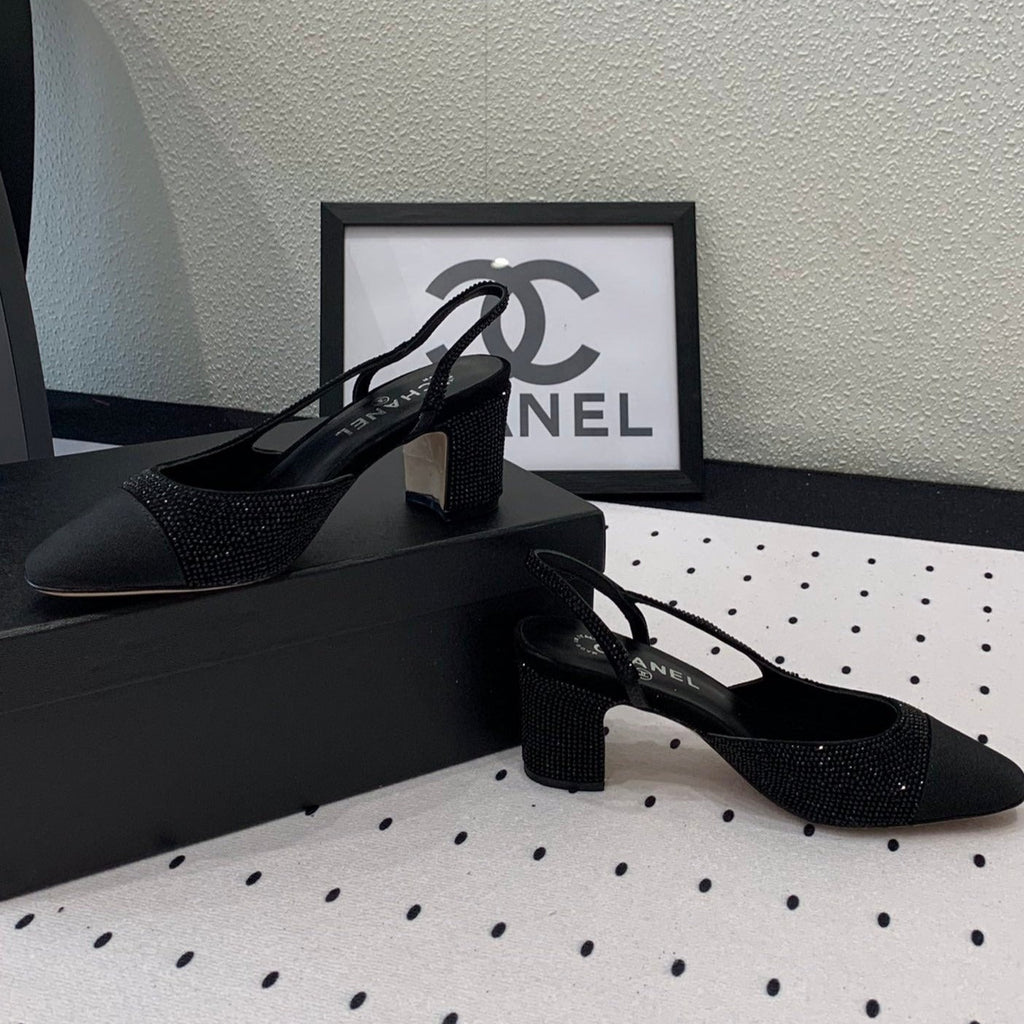 CHANEL Double  Rhinestone Slingback Sheepskin Black