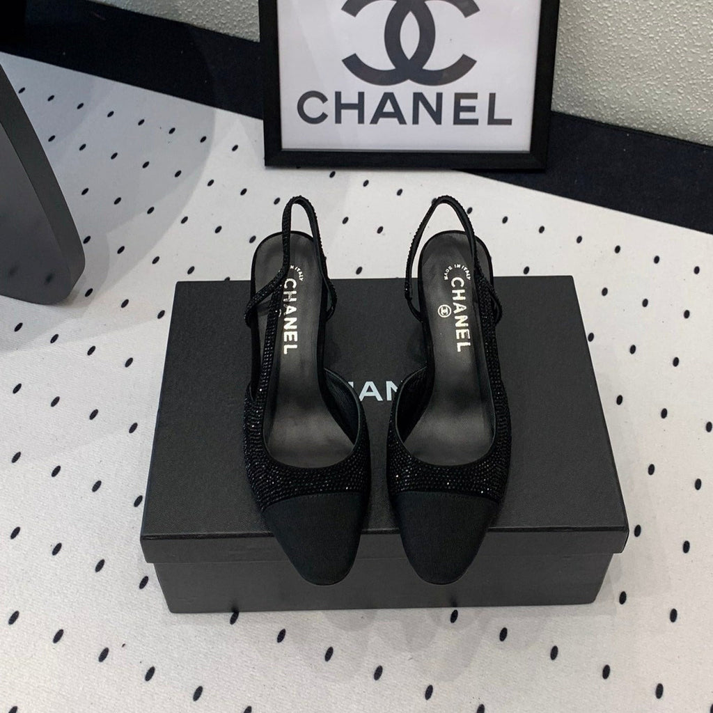 CHANEL Double  Rhinestone Slingback Sheepskin Black
