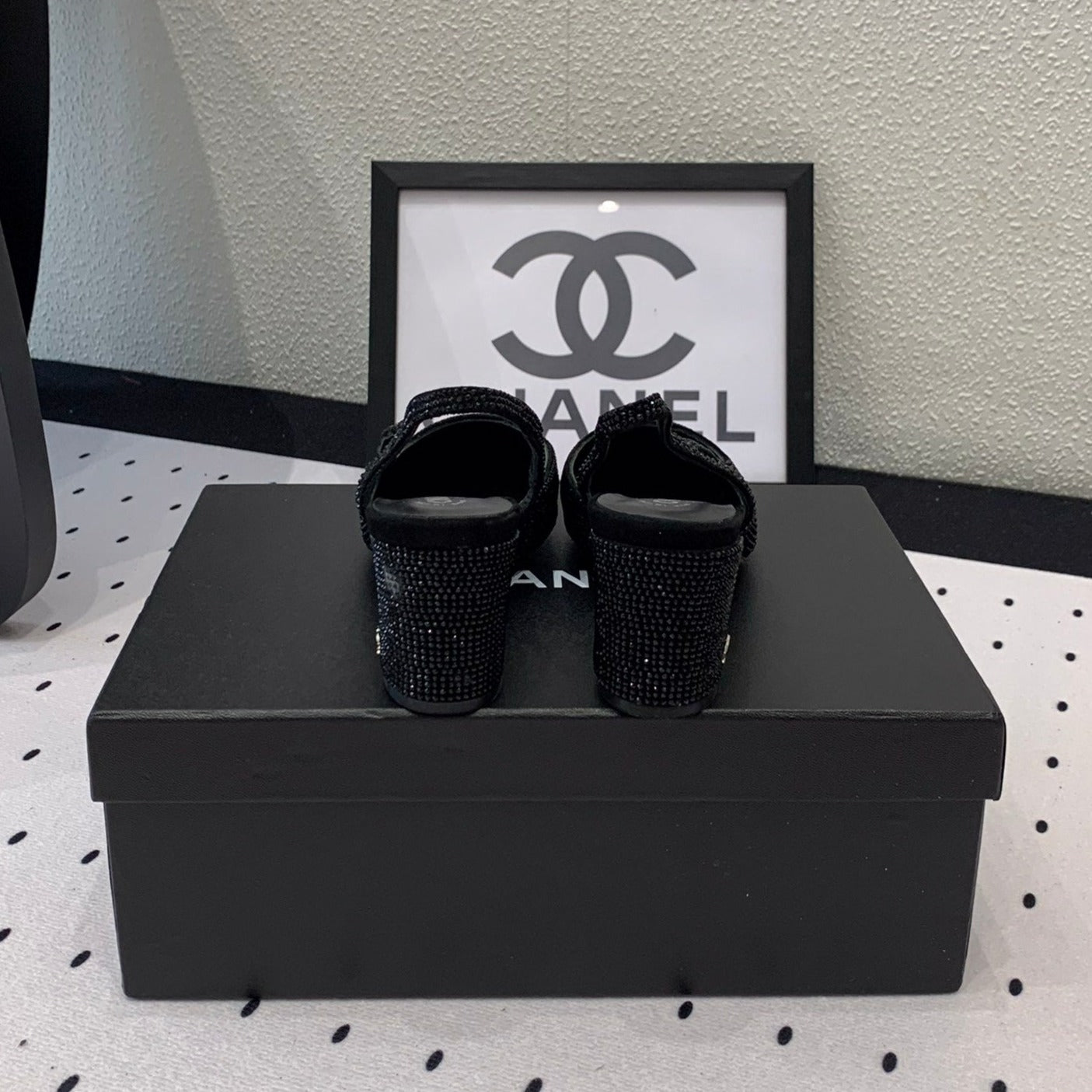 CHANEL Double  Rhinestone Slingback Sheepskin Black