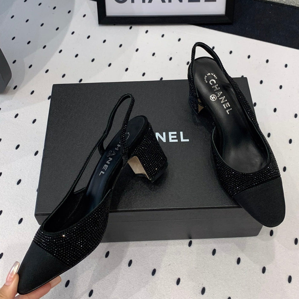 CHANEL Double  Rhinestone Slingback Sheepskin Black