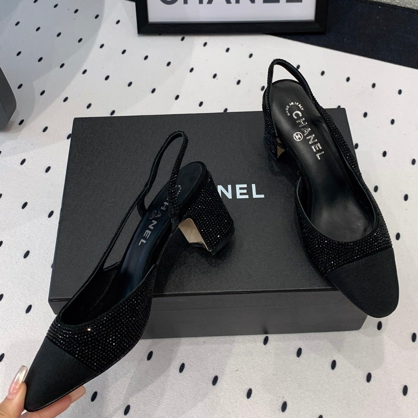 CHANEL Double  Rhinestone Slingback Sheepskin Black