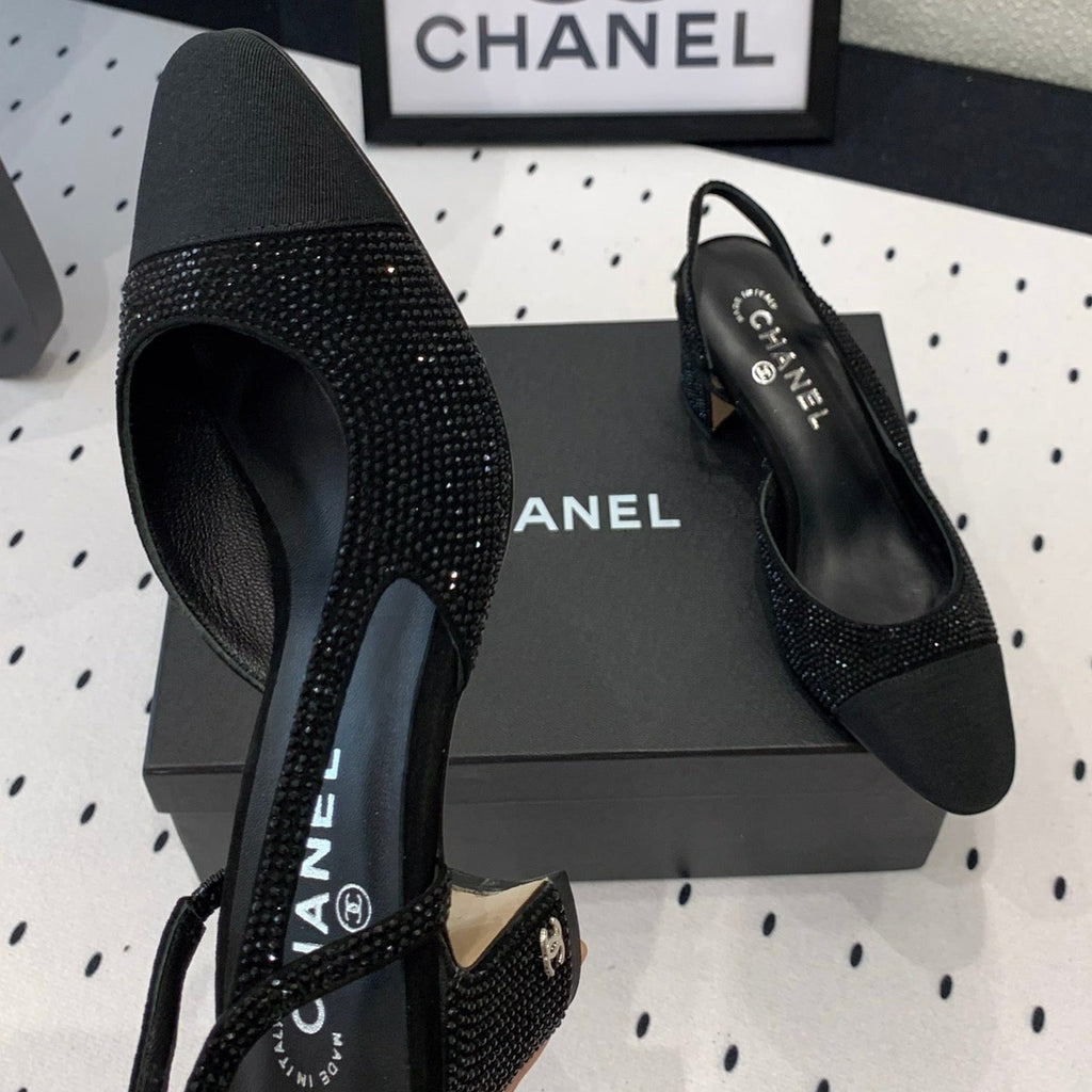 CHANEL Double  Rhinestone Slingback Sheepskin Black