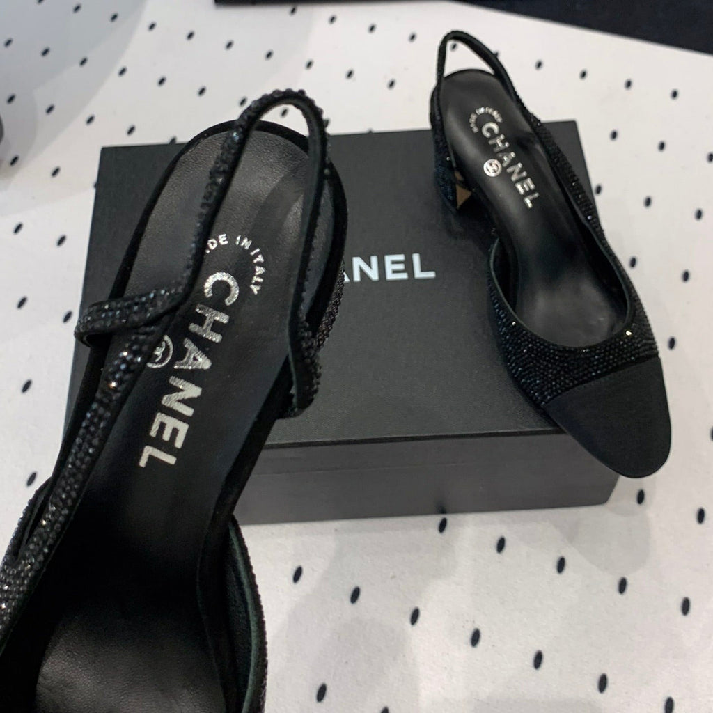 CHANEL Double  Rhinestone Slingback Sheepskin Black