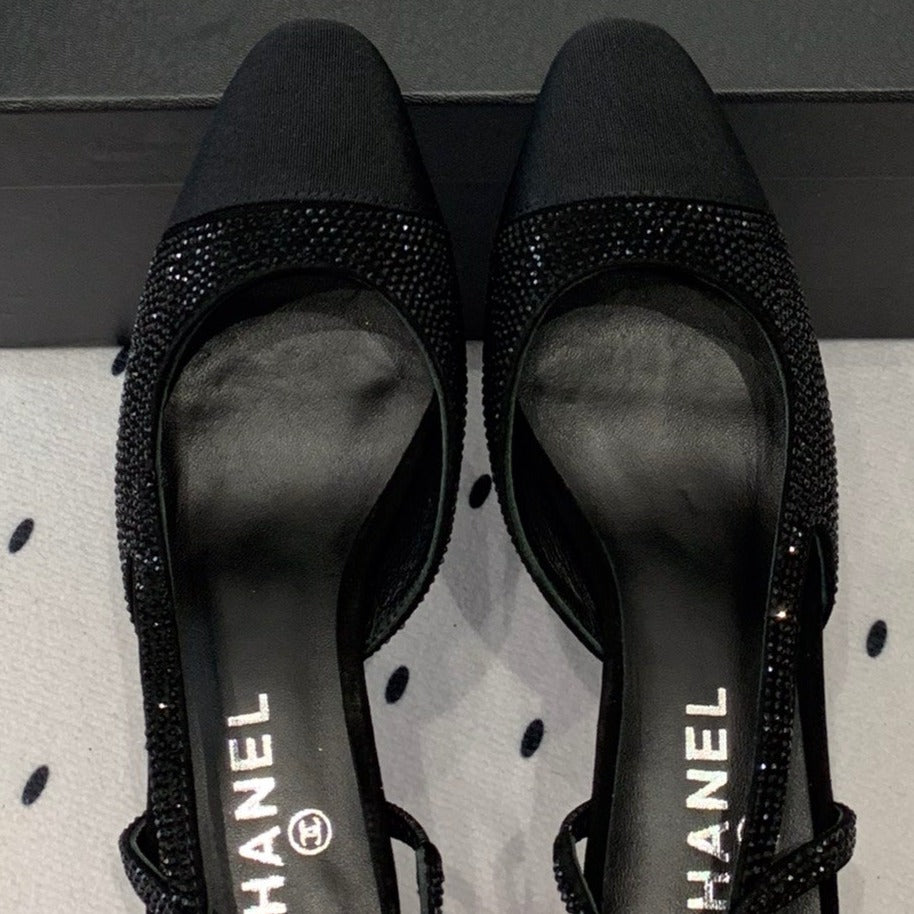 CHANEL Double  Rhinestone Slingback Sheepskin Black