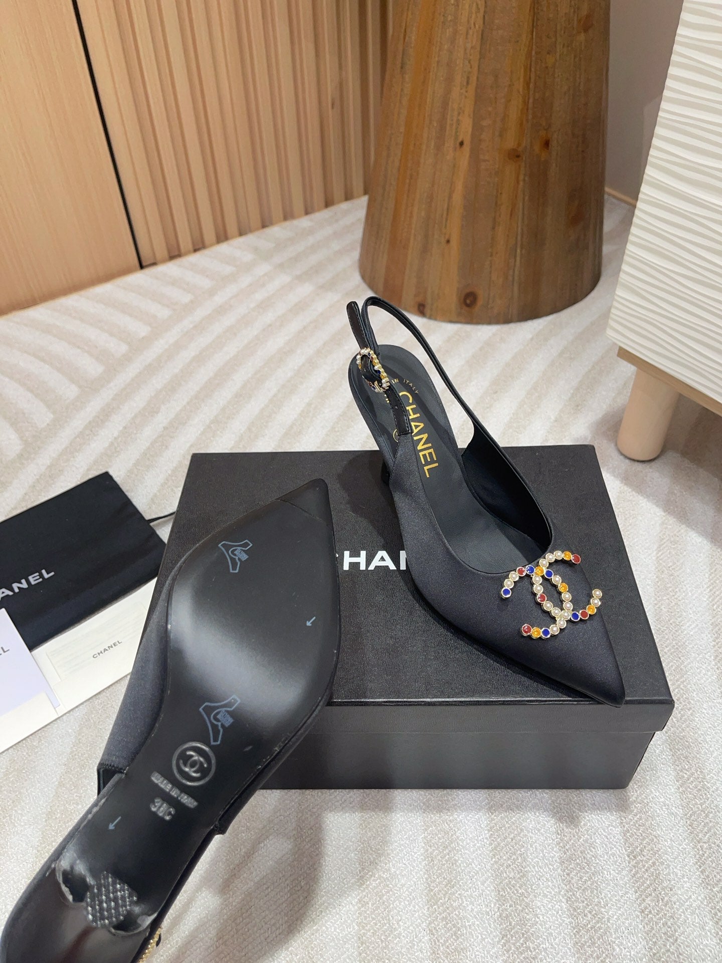 CHANEL HIGH SLINGBACKS BLACK SATIN AND LAMBSKIN