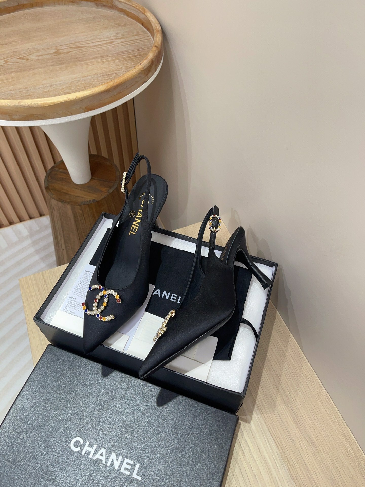 CHANEL HIGH SLINGBACKS BLACK SATIN AND LAMBSKIN