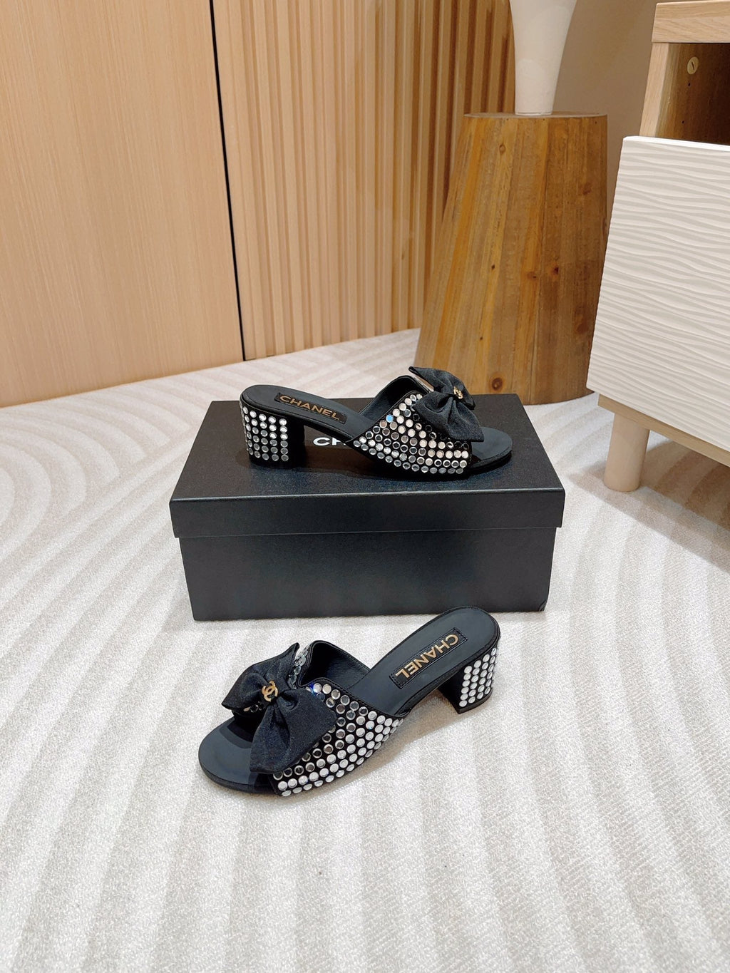 CHANEL HIGH HEEL BLACK SATIN WITH WHITE RHINESTONES