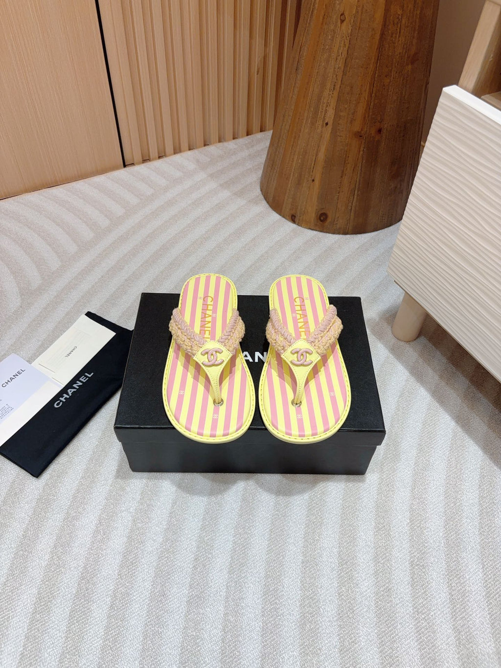 CHANEL WOVEN FLIP FLOP YELLOW MIX PINK SHEEPSKIN