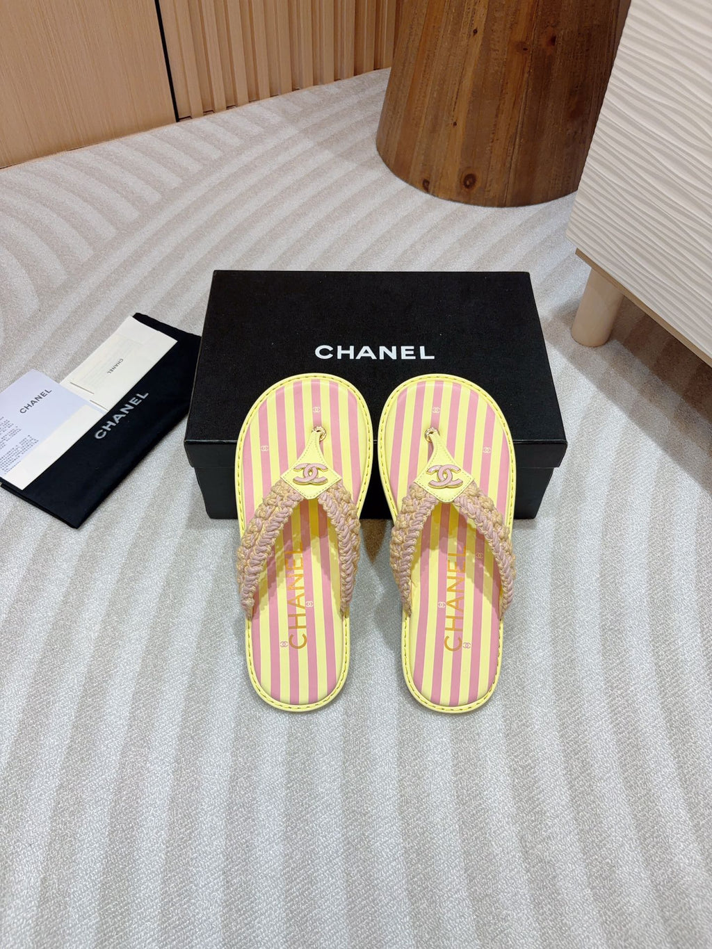 CHANEL WOVEN FLIP FLOP YELLOW MIX PINK SHEEPSKIN