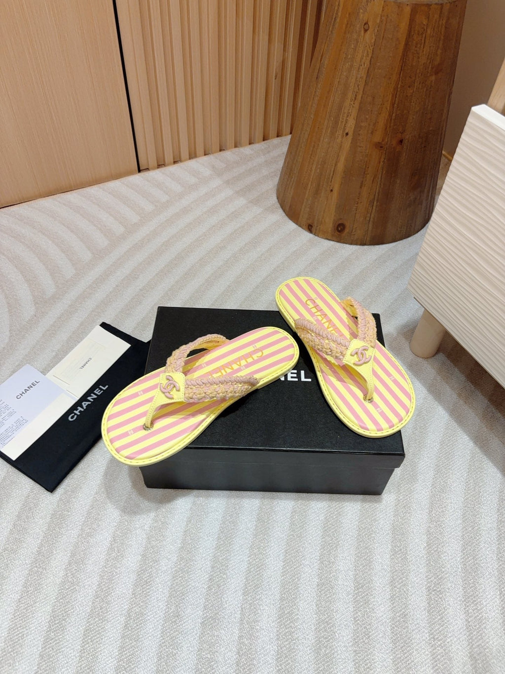 CHANEL WOVEN FLIP FLOP YELLOW MIX PINK SHEEPSKIN