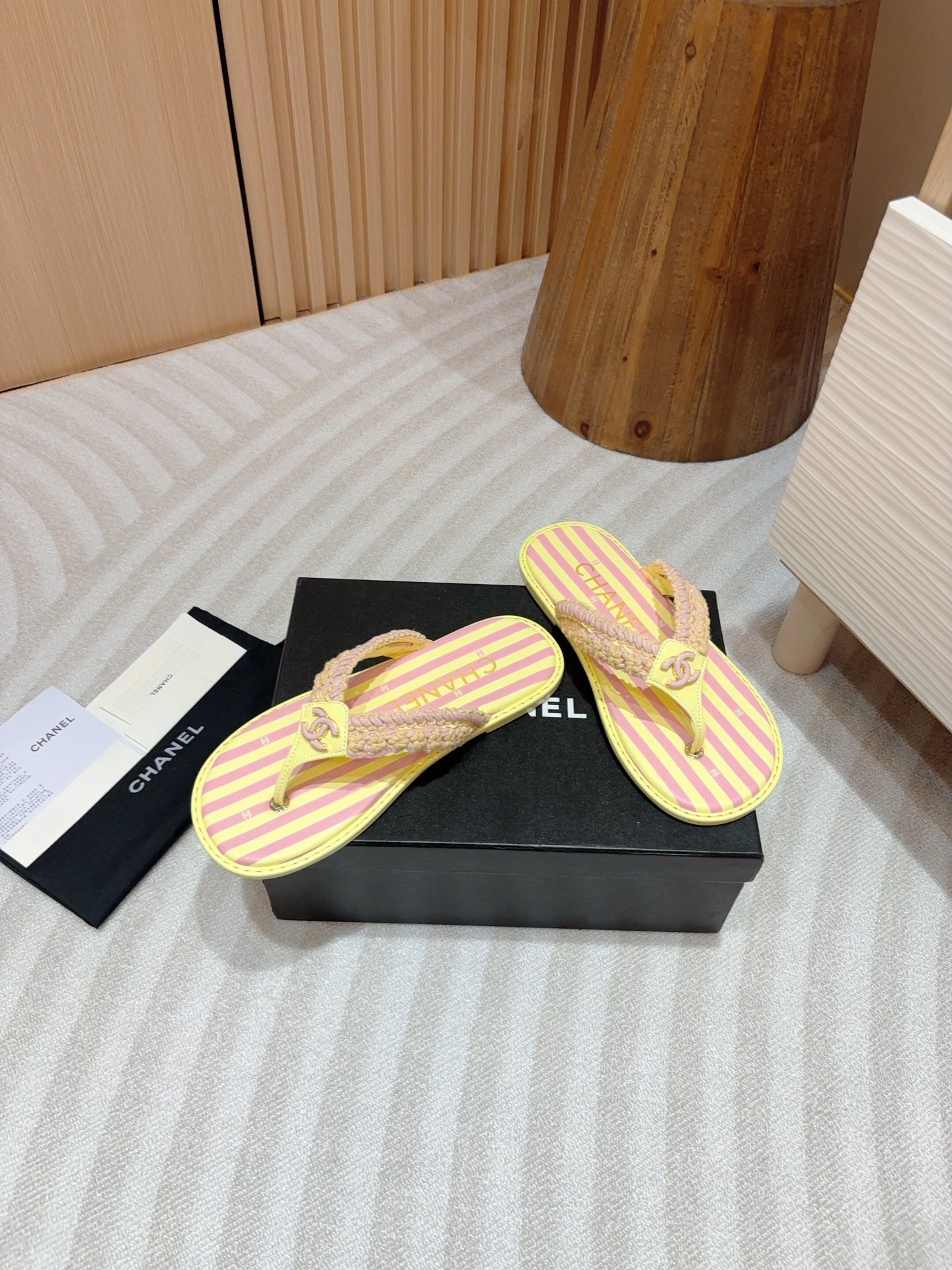 CHANEL WOVEN FLIP FLOP YELLOW MIX PINK SHEEPSKIN