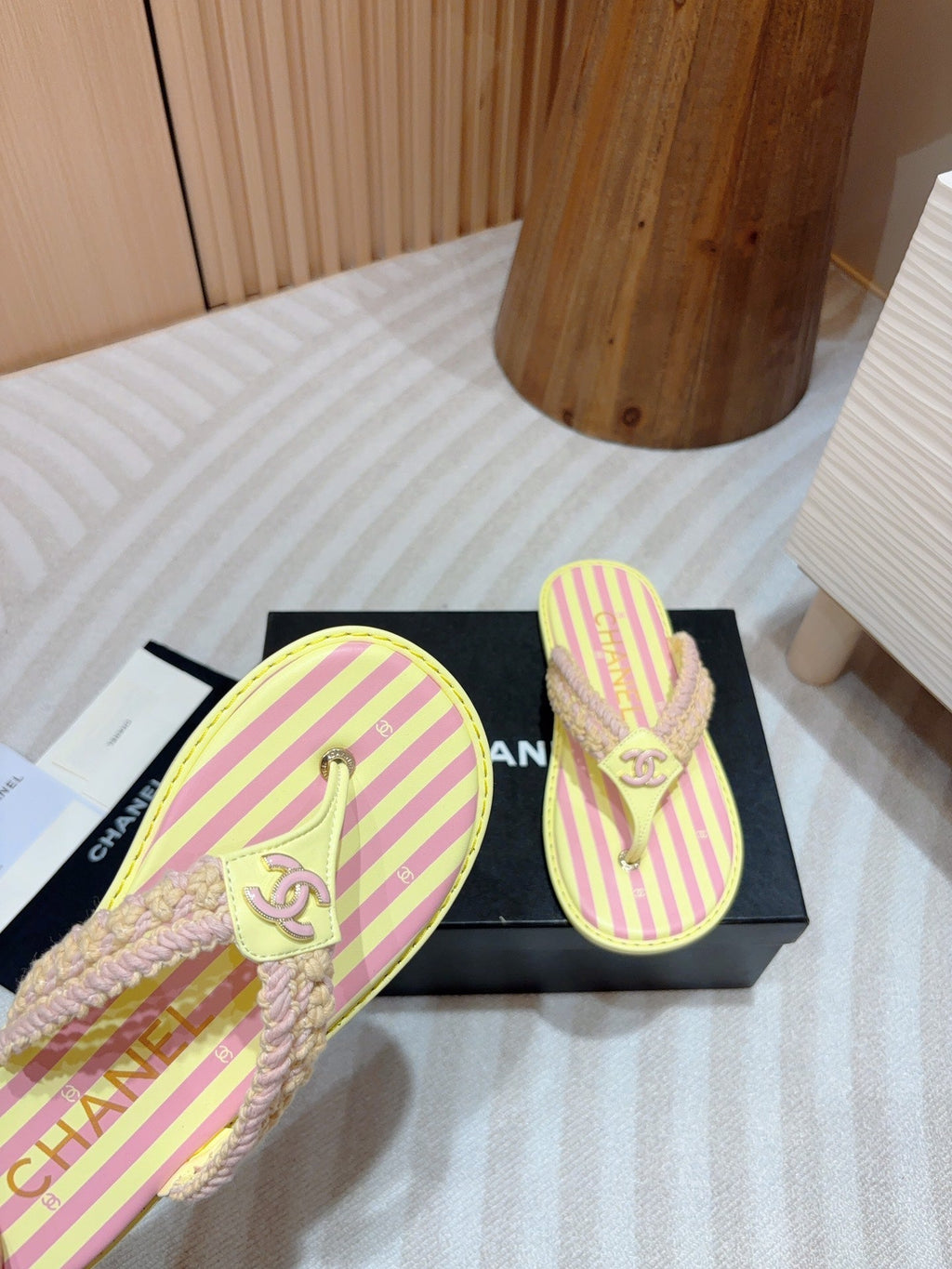 CHANEL WOVEN FLIP FLOP YELLOW MIX PINK SHEEPSKIN