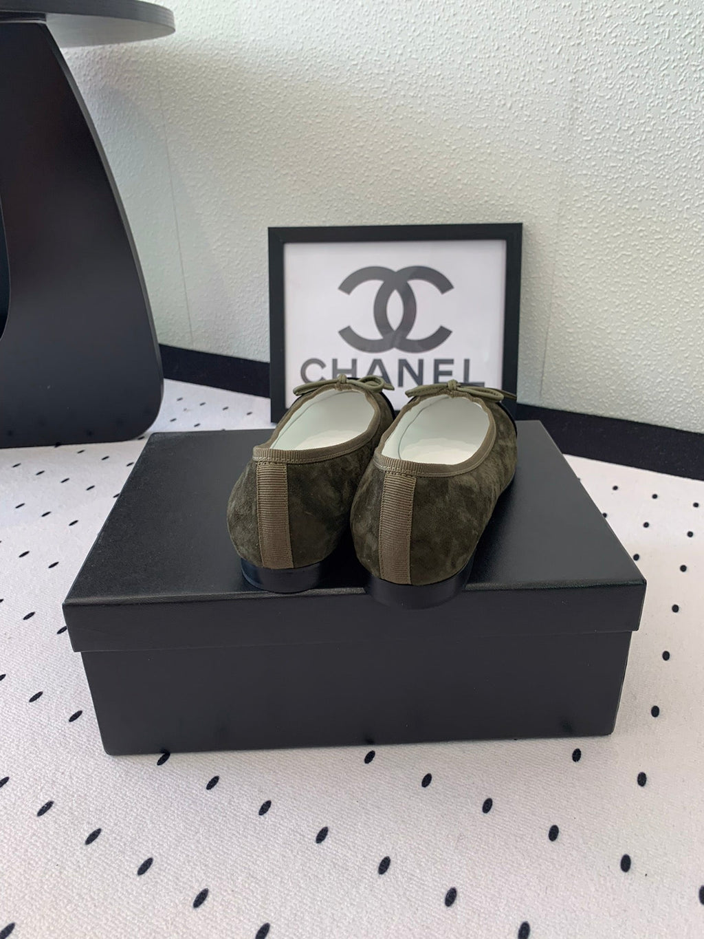 CHANEL BALLET FLAT OLIVE GREEN MIX BLACK VELVET