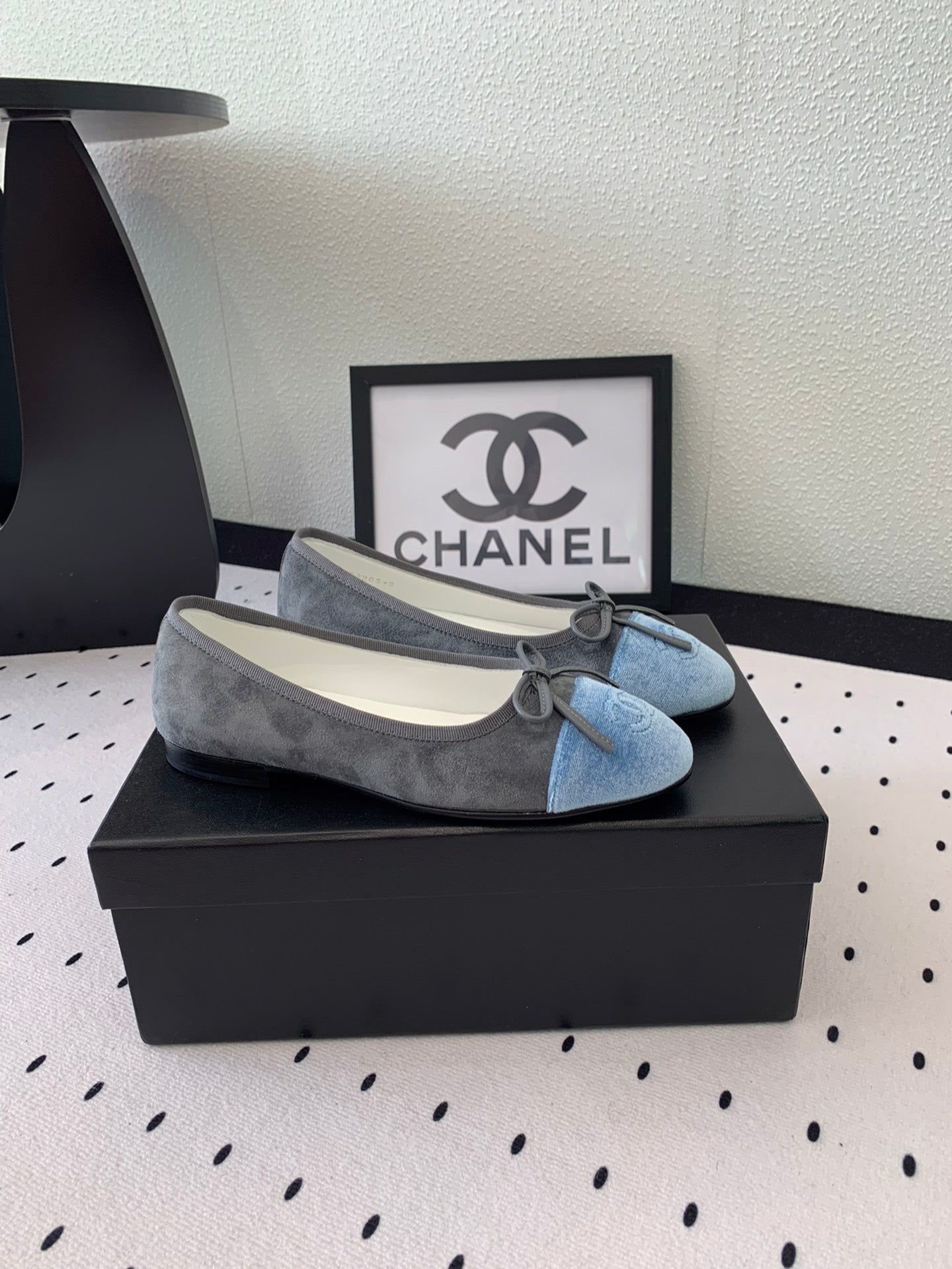 CHANEL BALLET FLAT GREY MIX LIGHT BLUE VELVET