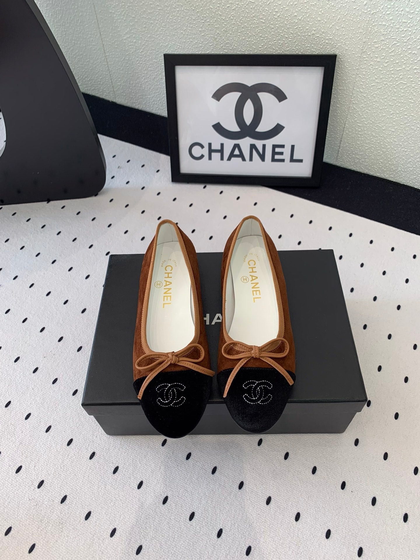 CHANEL BALLET FLAT BROWN MIX BLACK VELVET