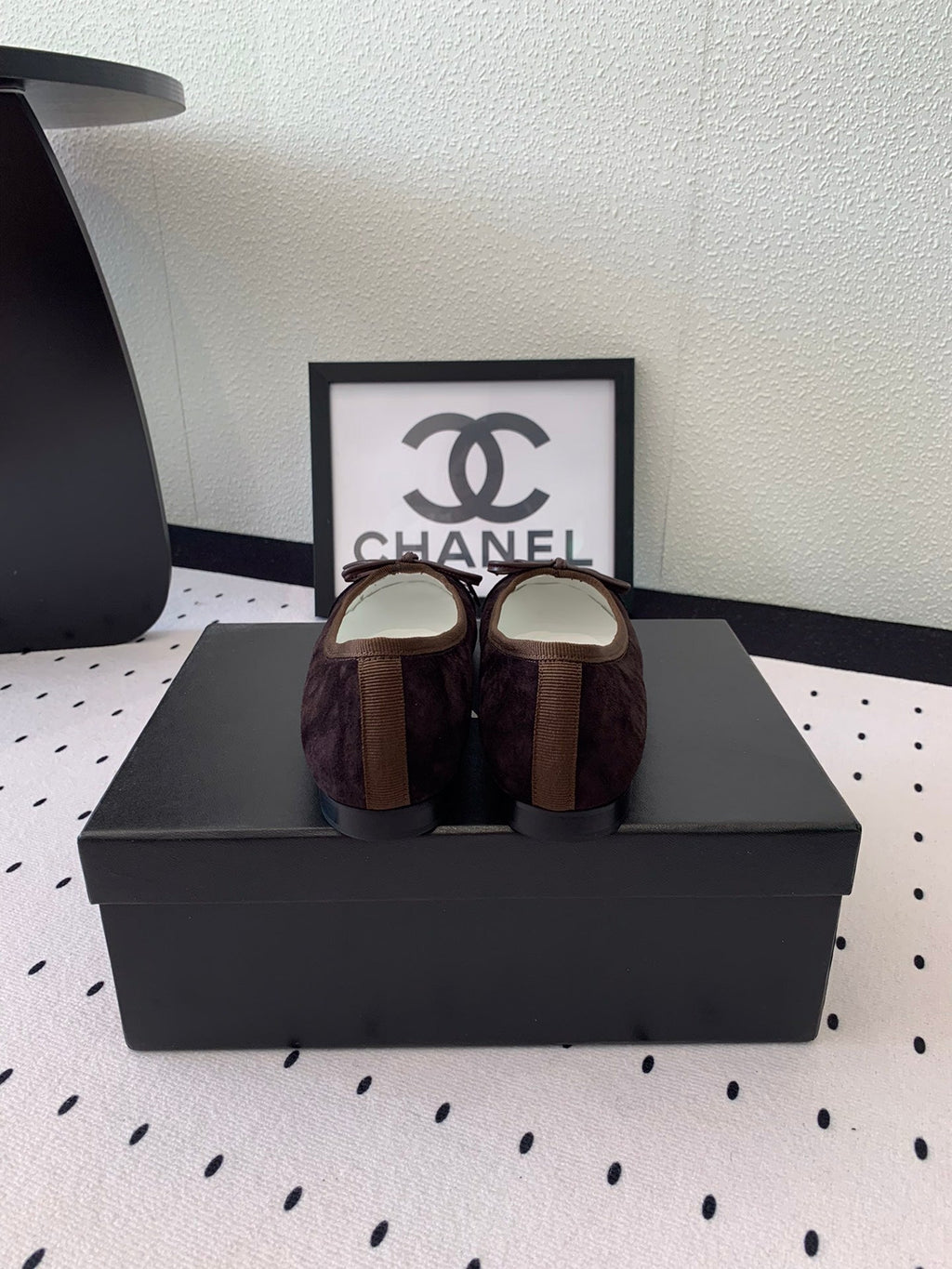 CHANEL BALLET FLAT DARK BROWN MIX BLACK VELVET