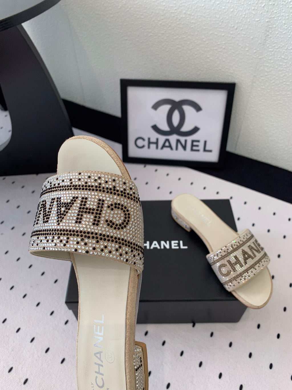 CHANEL RHINESTONE LETTER SLIPPERS BEIGE LAMBSKIN
