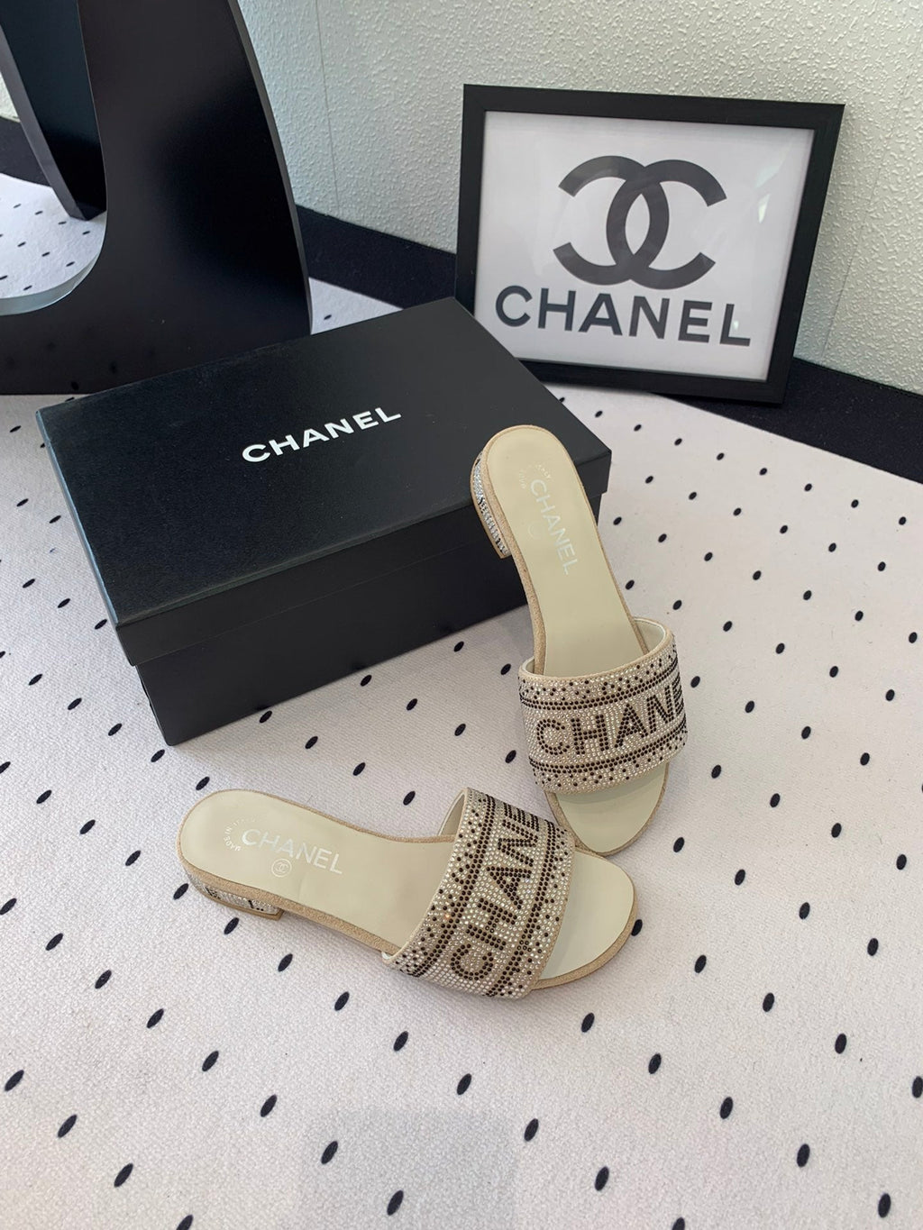 CHANEL RHINESTONE LETTER SLIPPERS BEIGE LAMBSKIN