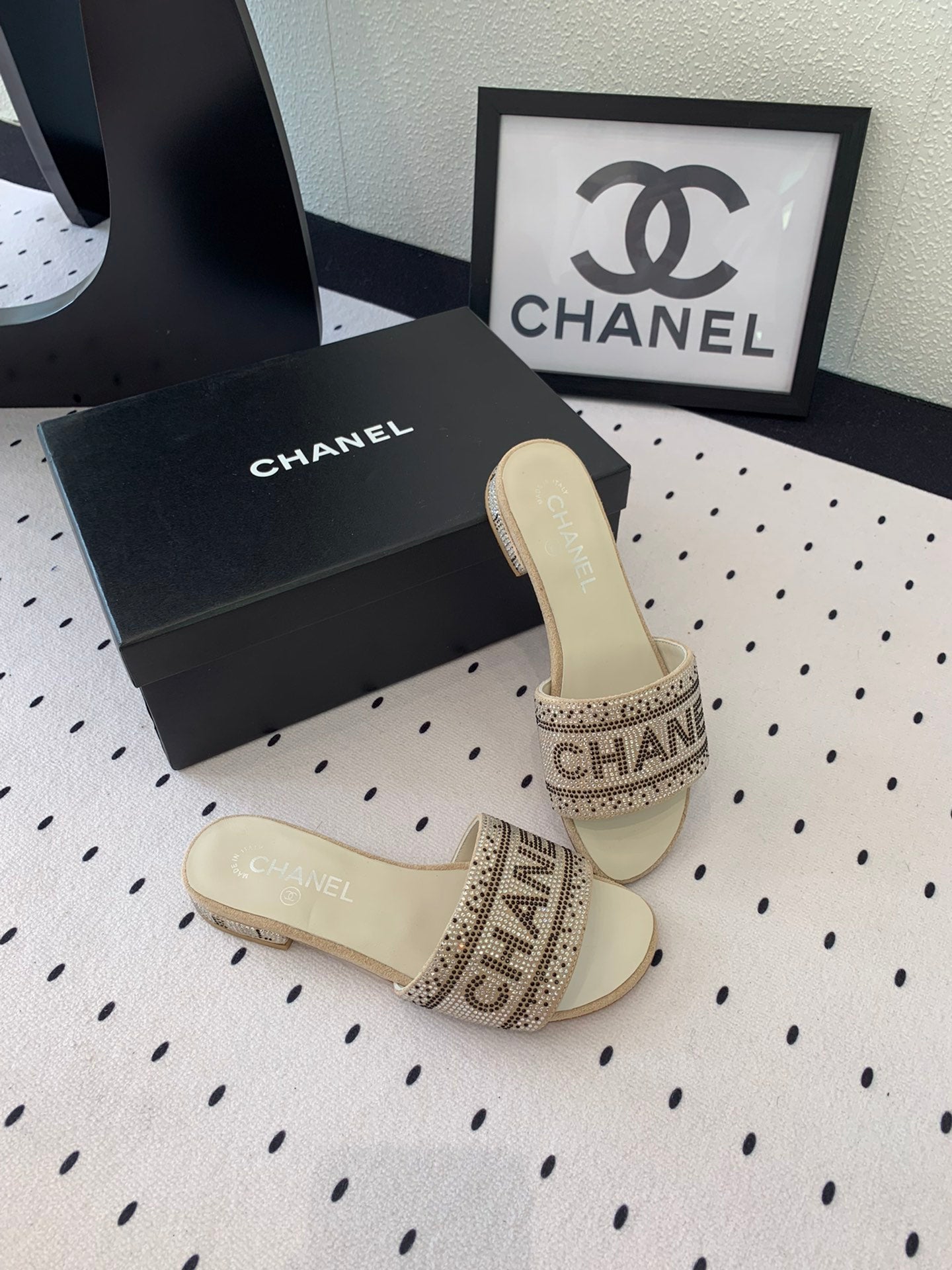 CHANEL RHINESTONE LETTER SLIPPERS BEIGE LAMBSKIN